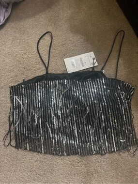 Zara Black Sequin Fringe Spaghetti Strap Crop Top